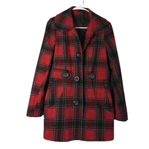 Joujou Coat Womens Large Red Peacoat Wool Blend Plaid Jacket Modern Black